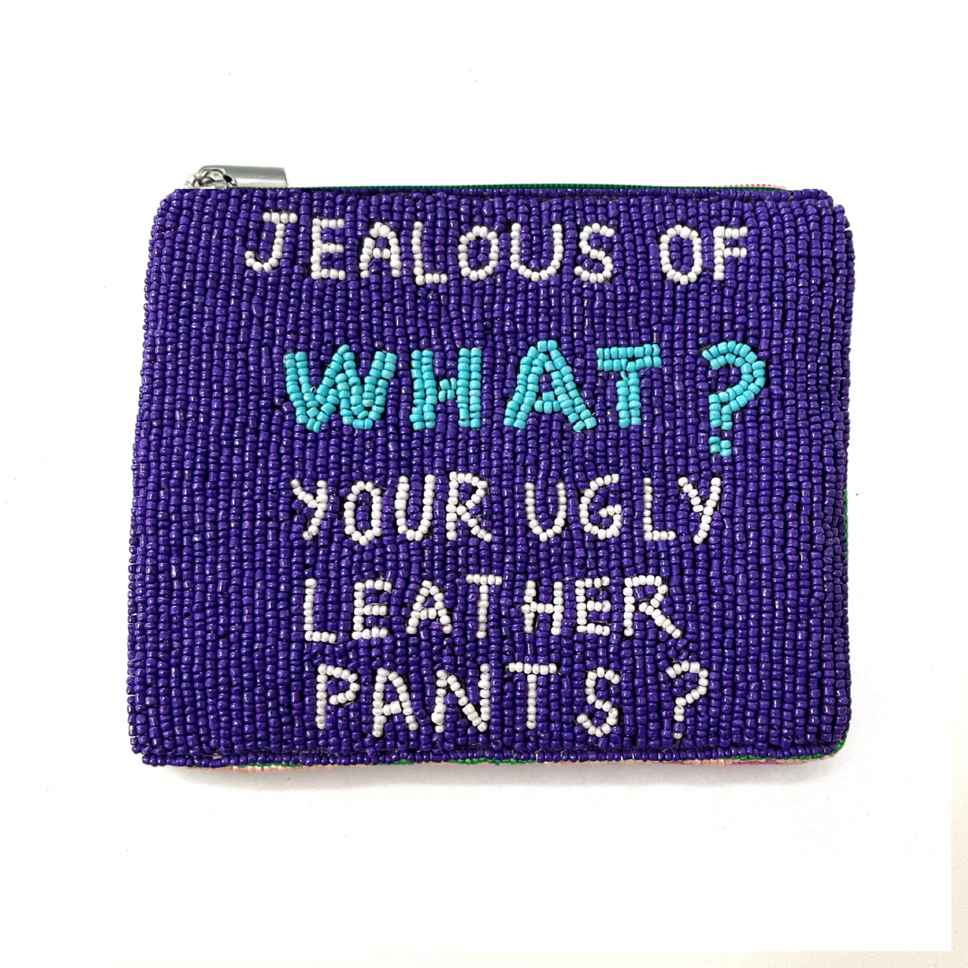 Purple beaded pouch with humorous text on a white background