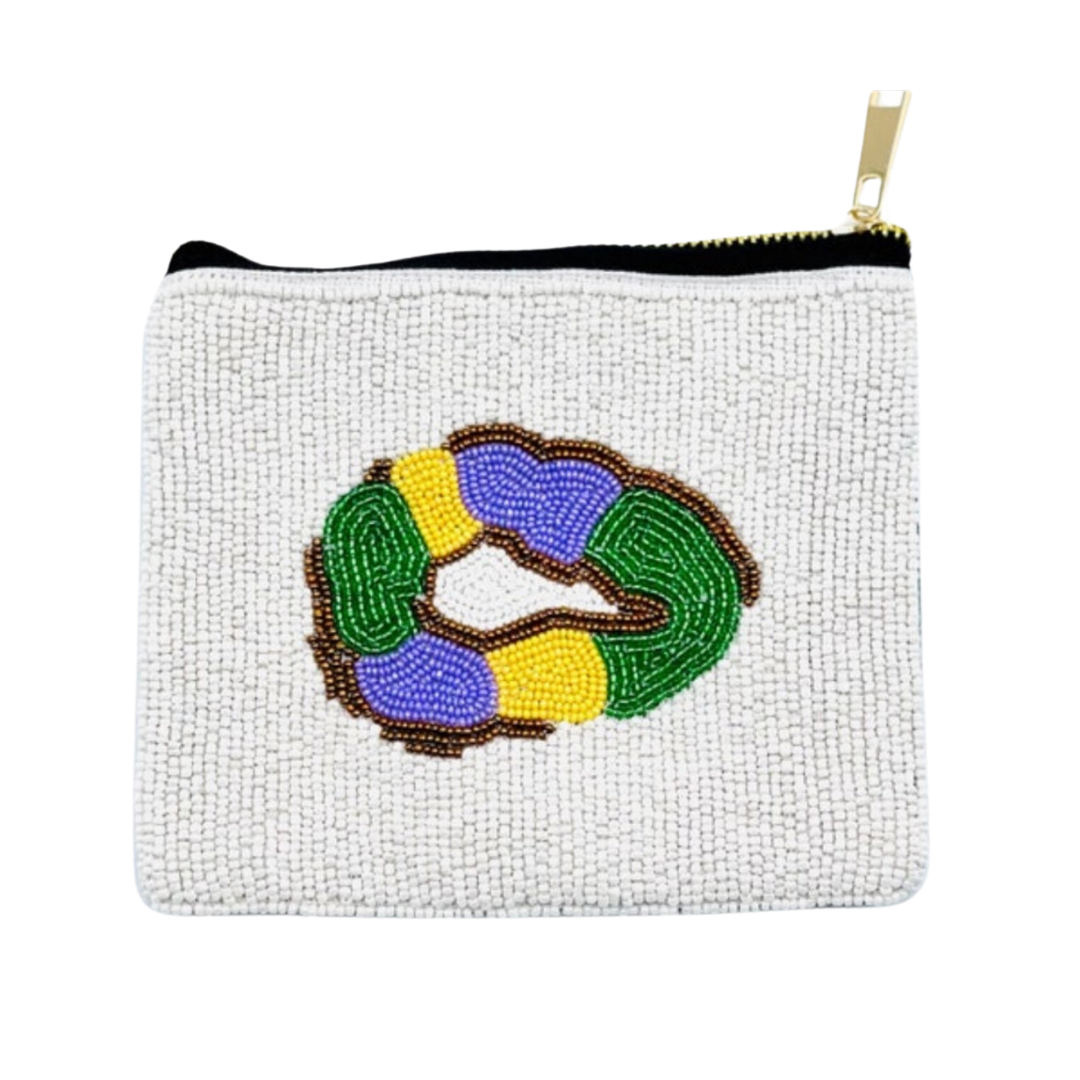 Beaded pouch with a colorful wreath design on a white background