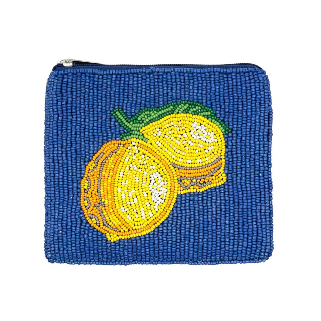 Blue beaded pouch with yellow lemon design on a white background