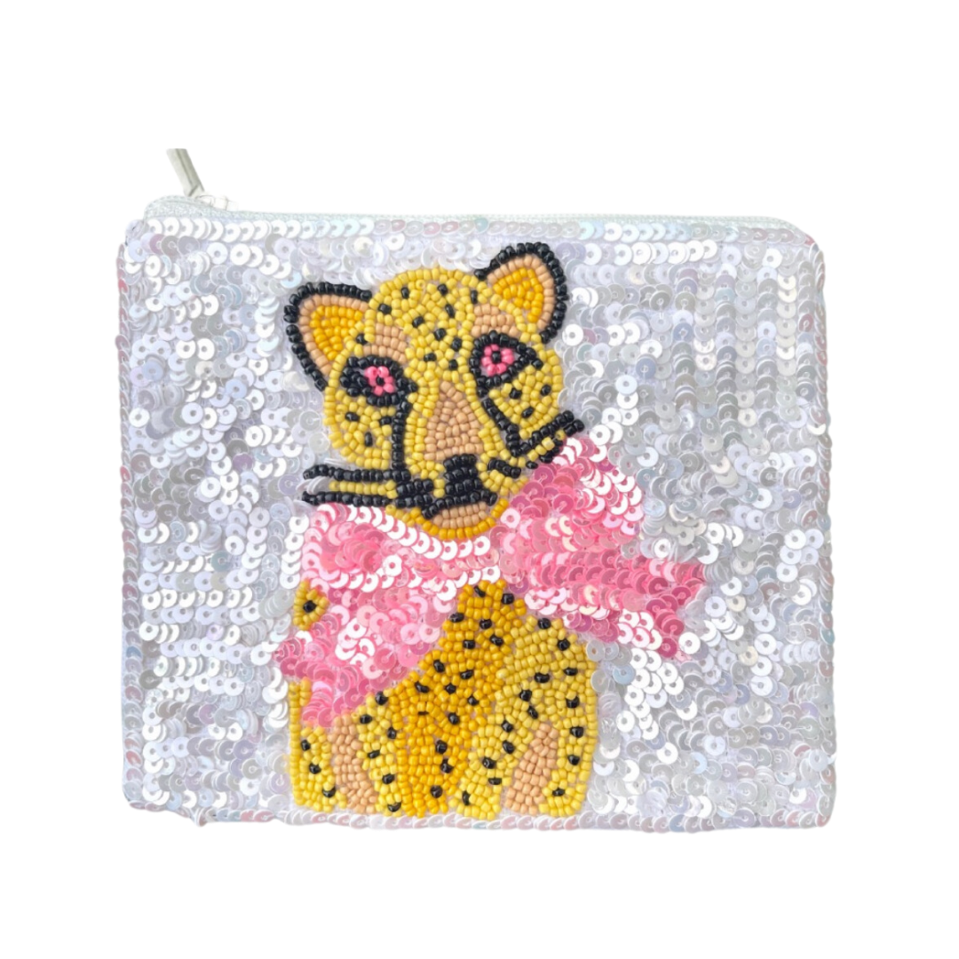 Sequined pouch with a beaded leopard design on a white background