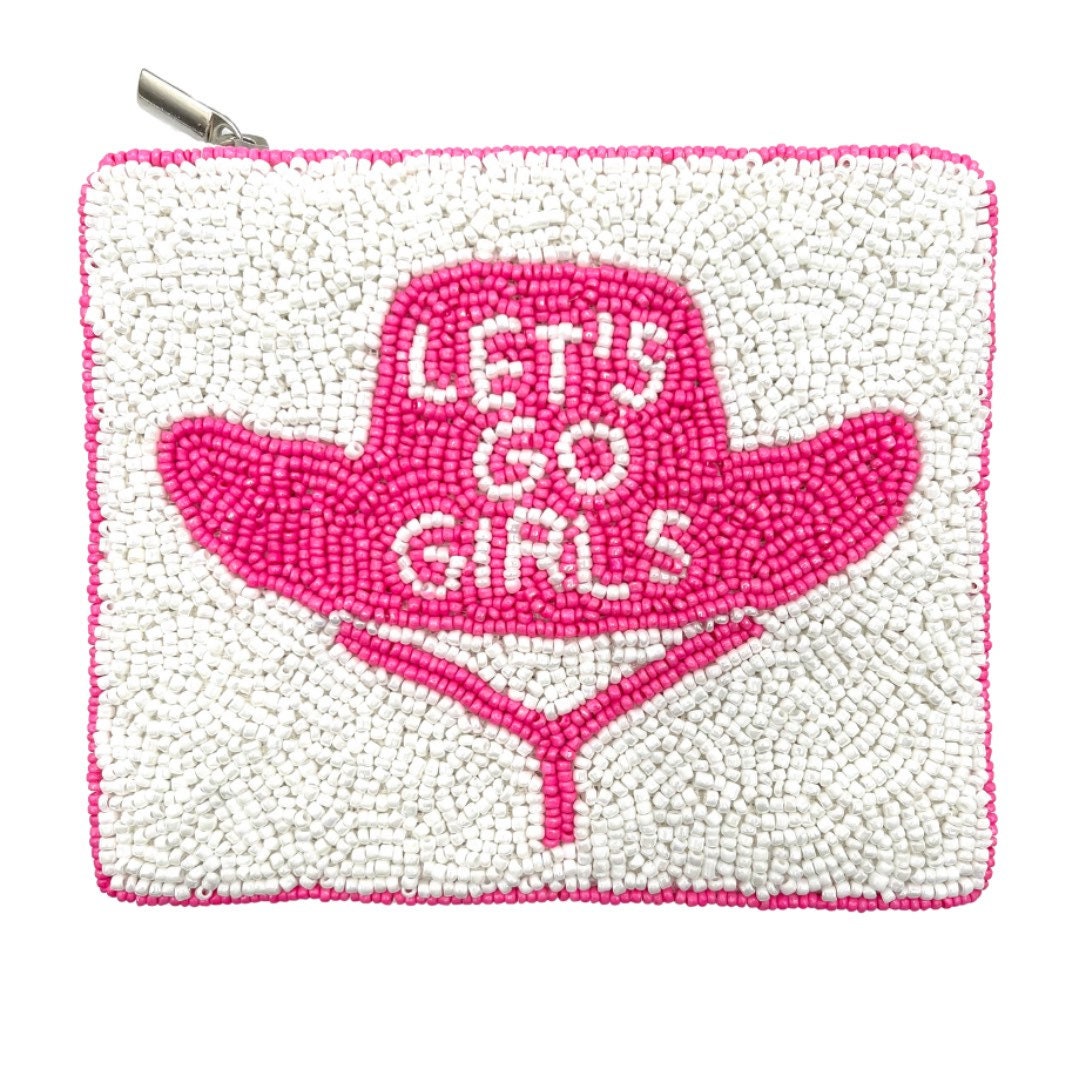 A beaded coin purse with a cowgirl hat design, featuring pink beads and the text 'LET'S GO GIRLS' on a white background with a zipper closure at the top.