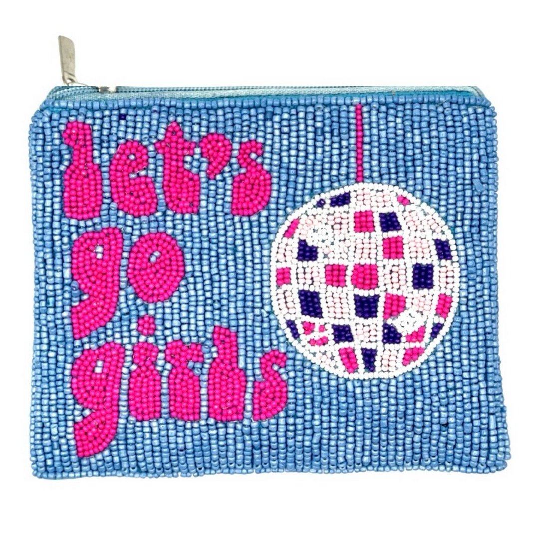 A blue and pink beaded coin purse with a disco ball design and the text 'Let's Go Girls' on the front.