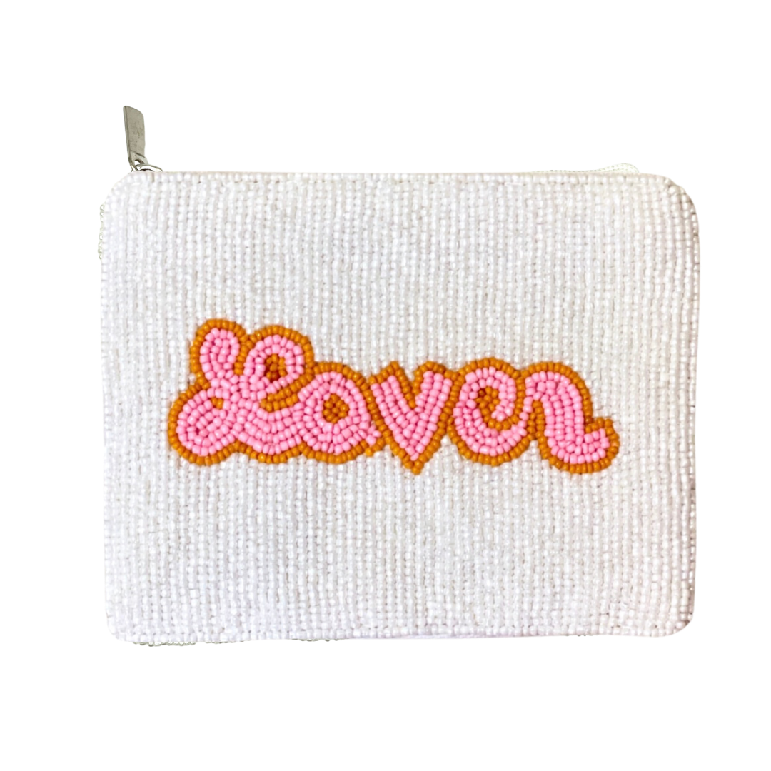 White pouch with 'Love' embroidered in pink and orange on a white background
