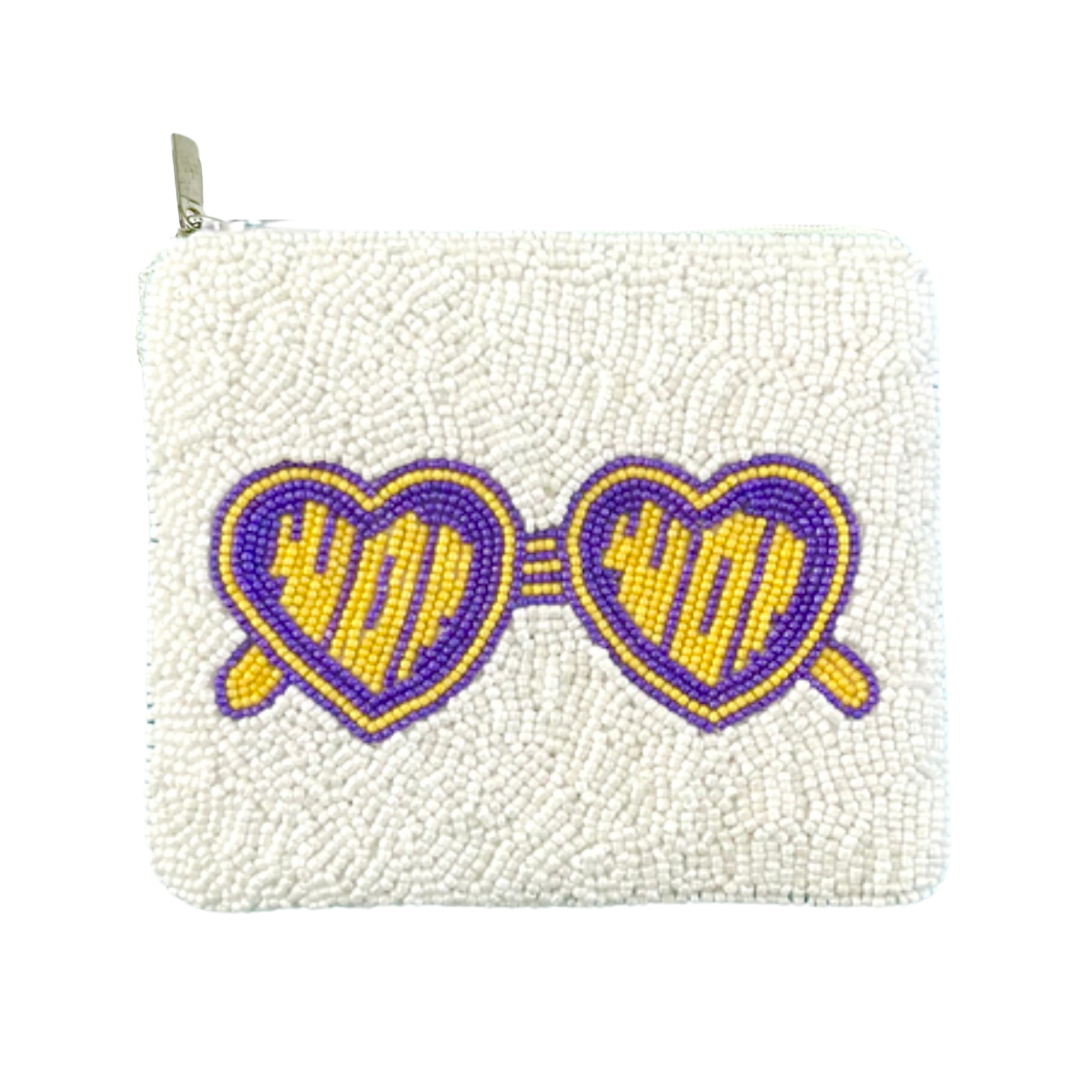 White beaded pouch with heart-shaped sunglasses design featuring 'LOVE' text on a white background