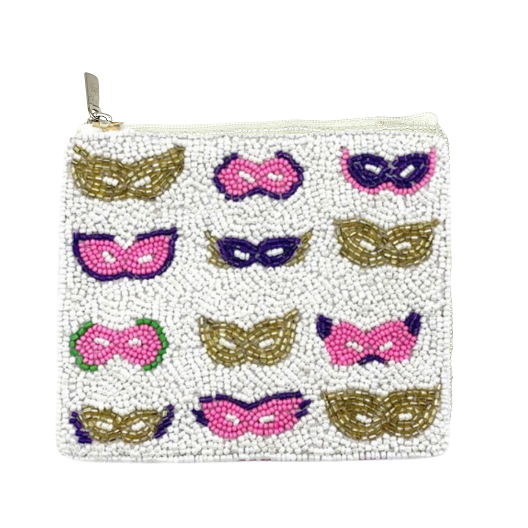 Pouch with beaded masks design on a white background