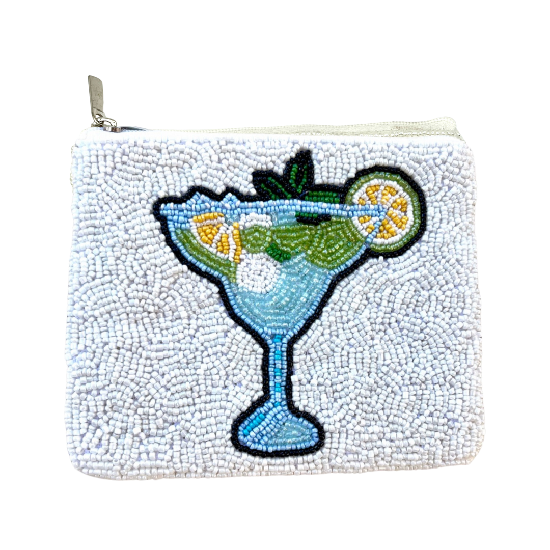 Beaded pouch with a martini glass design on a white background