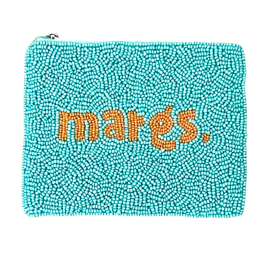 Turquoise beaded pouch with 'mares.' text on a white background