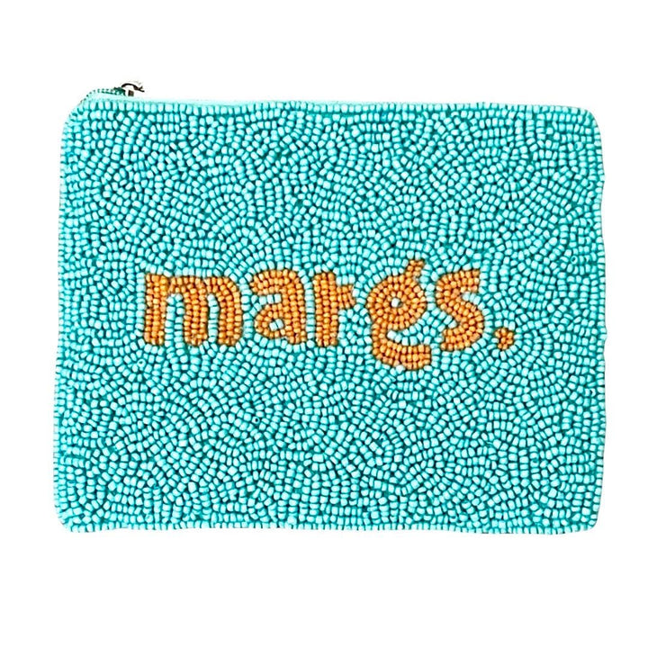 Turquoise beaded pouch with 'mares.' text on a white background