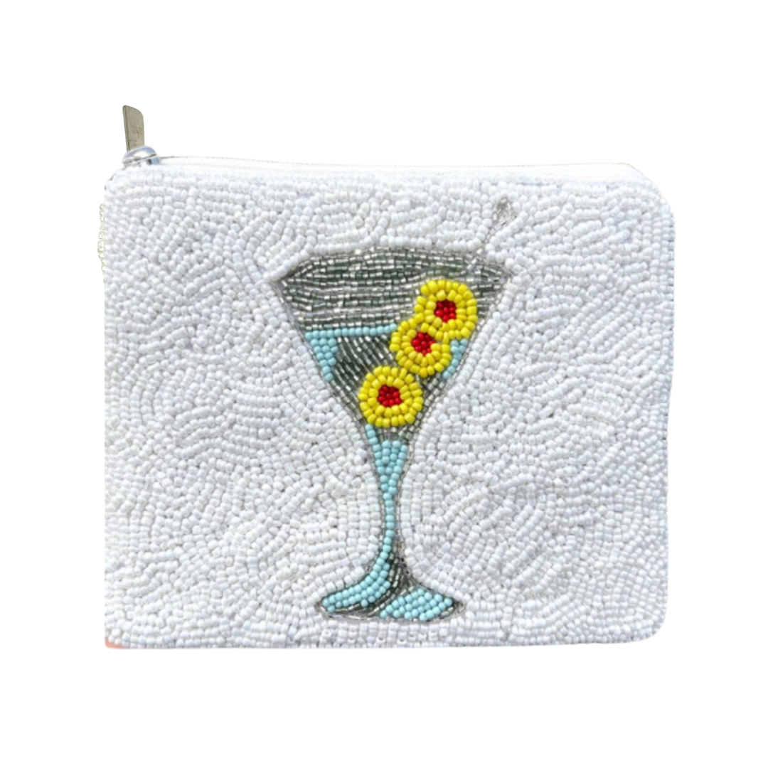 Beaded pouch with a martini glass design on a white background