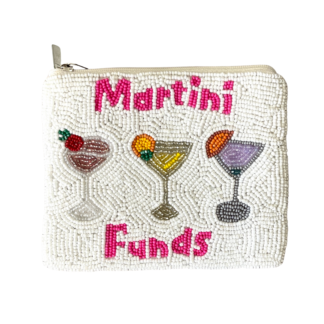 Beaded pouch with martini glass illustrations and 'Martini Funds' text on a white background