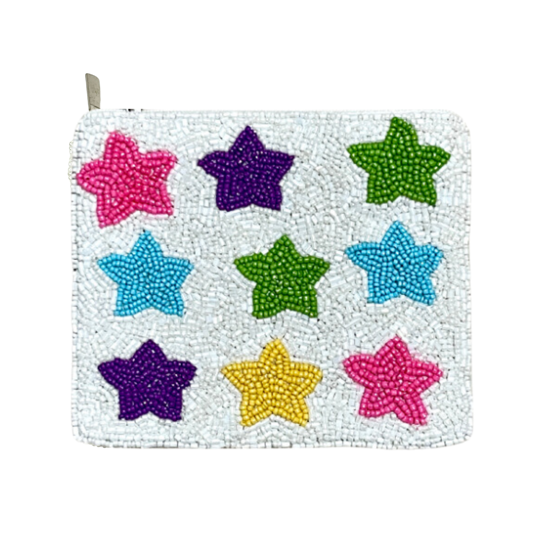Pouch with colorful star designs on a white background