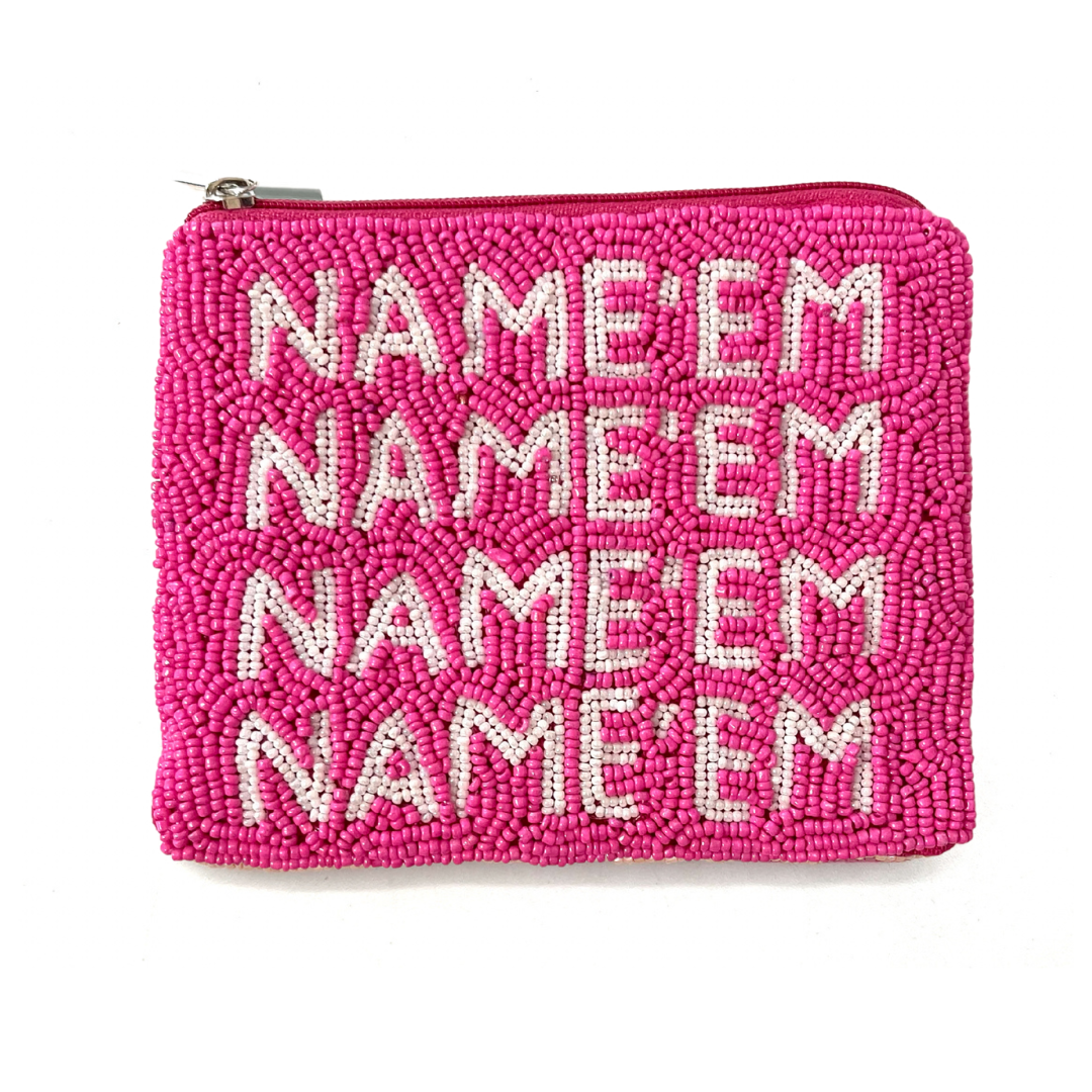 Pink beaded pouch with 'NAME'EM' text on a white background