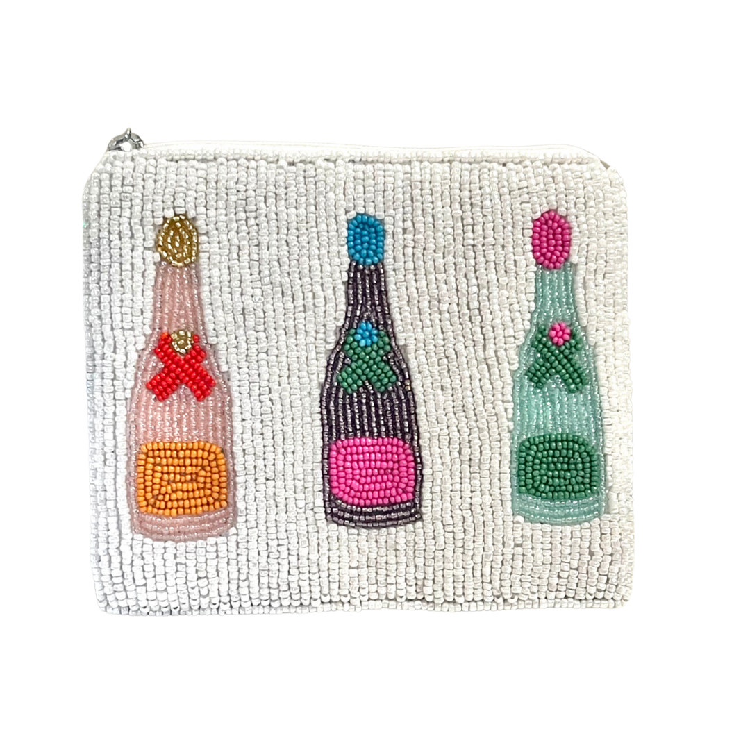 Beaded pouch with three champagne bottle designs on a white background
