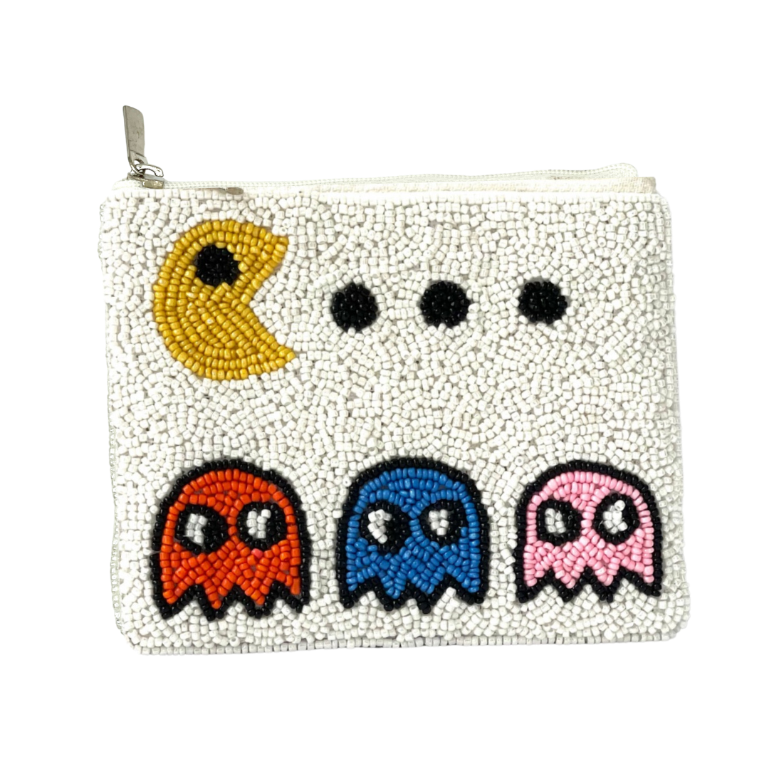 Pac-Man ghost-themed beaded pouch on a white background