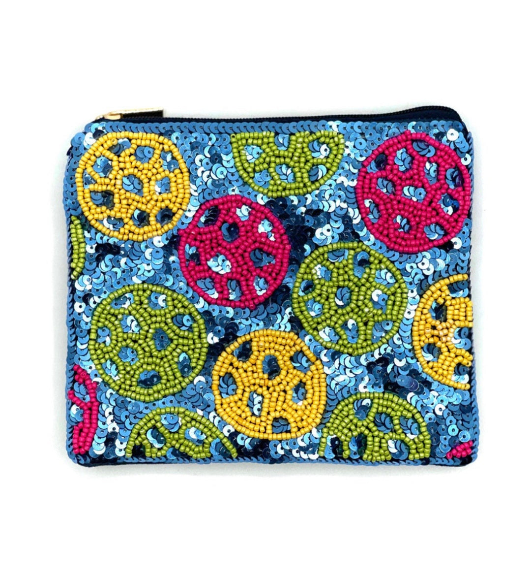 A small, multicolored beaded coin purse with a zipper closure and a canvas backing, featuring a pattern of hand-sewn seed beads.