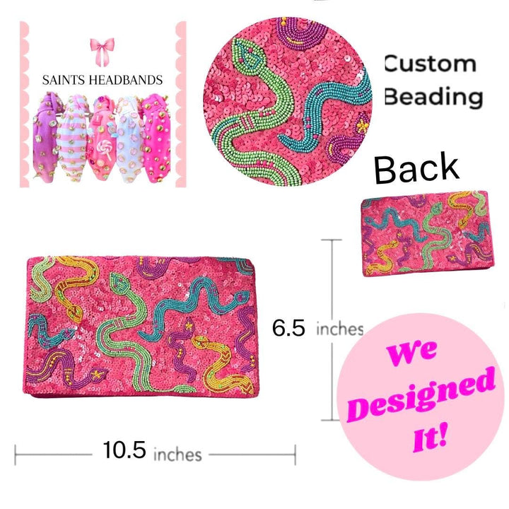 Pink headbands with snake designs and measurements on a white background