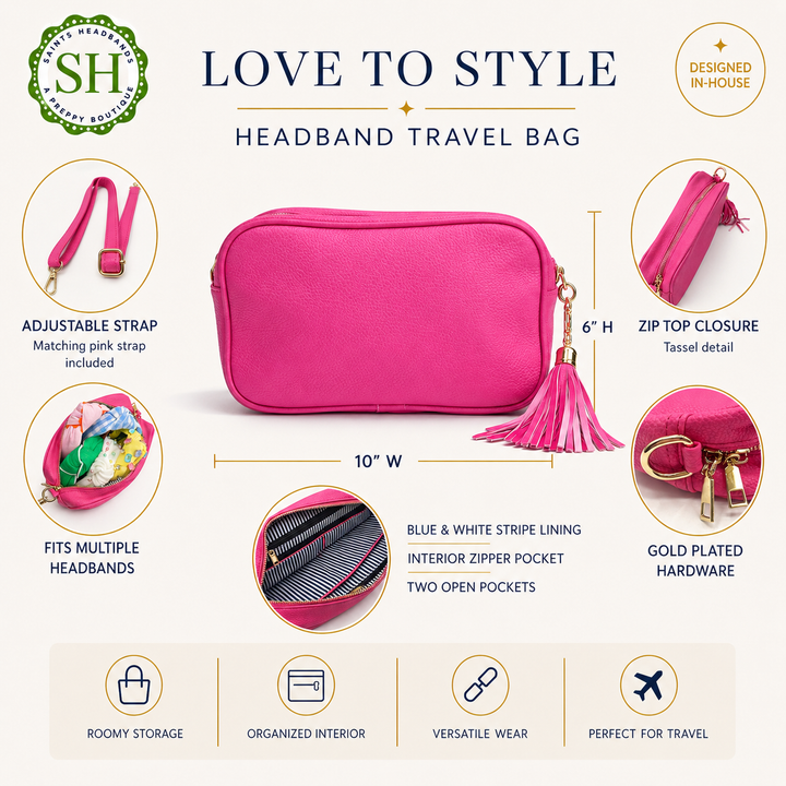 Pink headband travel bag with features and design details on a white background