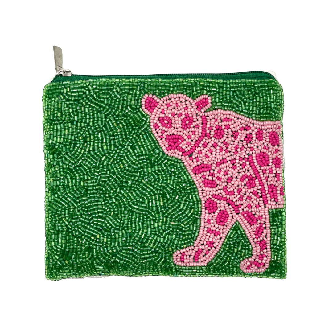 Green beaded pouch with a pink panther design on a white background