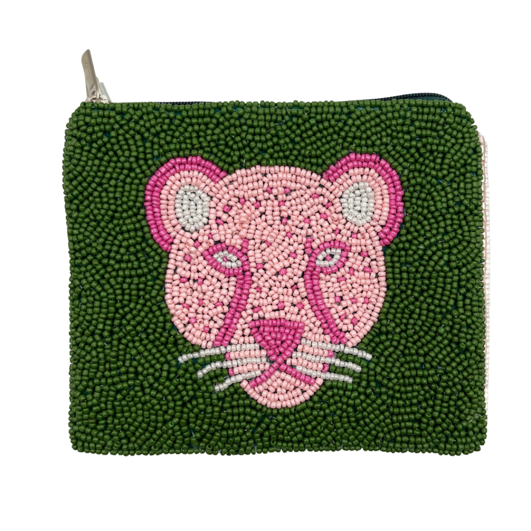 Green beaded pouch with pink panther design on a white background