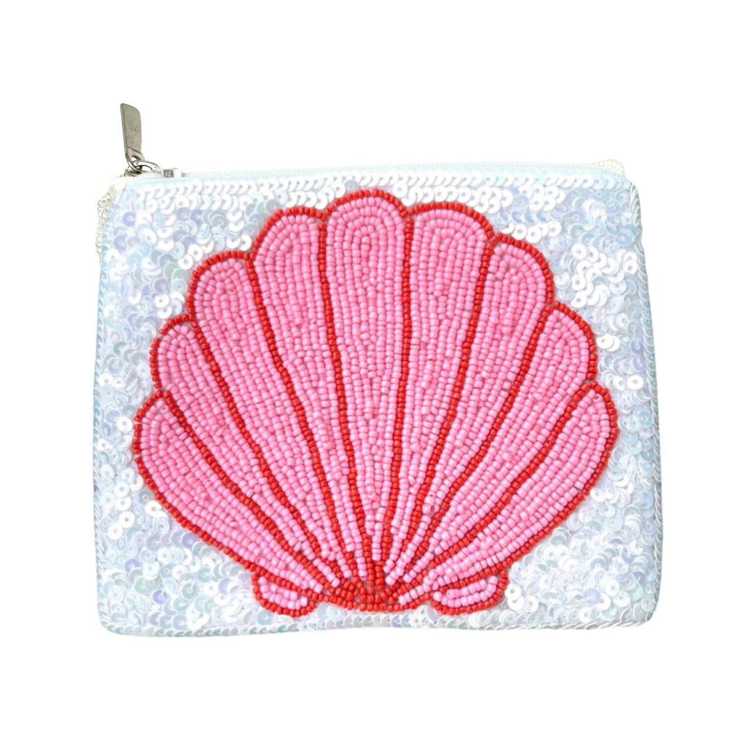 Pouch with a pink shell design on a white background