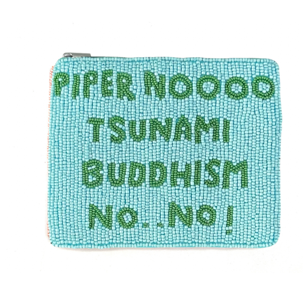 Turquoise beaded pouch with green text on a white background
