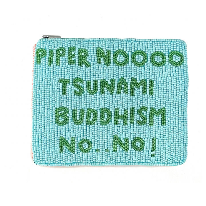 Turquoise beaded pouch with green text on a white background