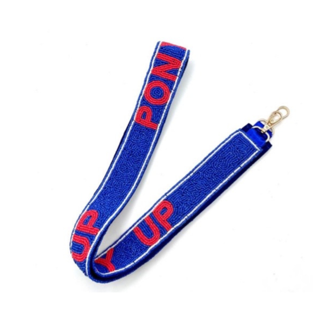Blue lanyard with red text on a white background