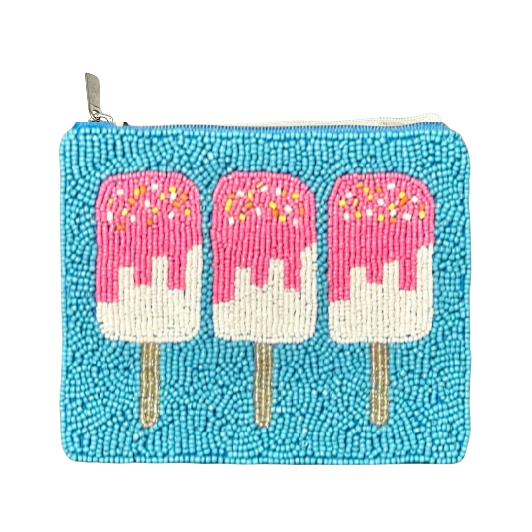 Beaded pouch with ice cream popsicle design on a blue background