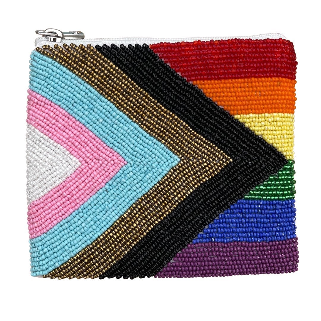 A multicolored beaded coin purse with a geometric pattern, featuring a zipper closure and a canvas backing.