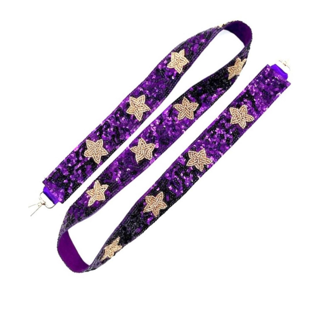 Purple glitter lanyard with gold star patterns on a white background