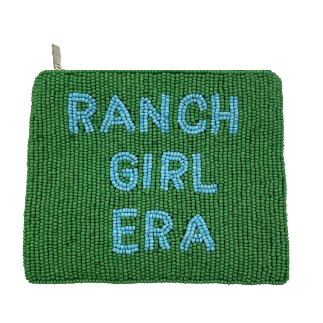 Green pouch with 'Ranch Girl Era' text in blue on a white background