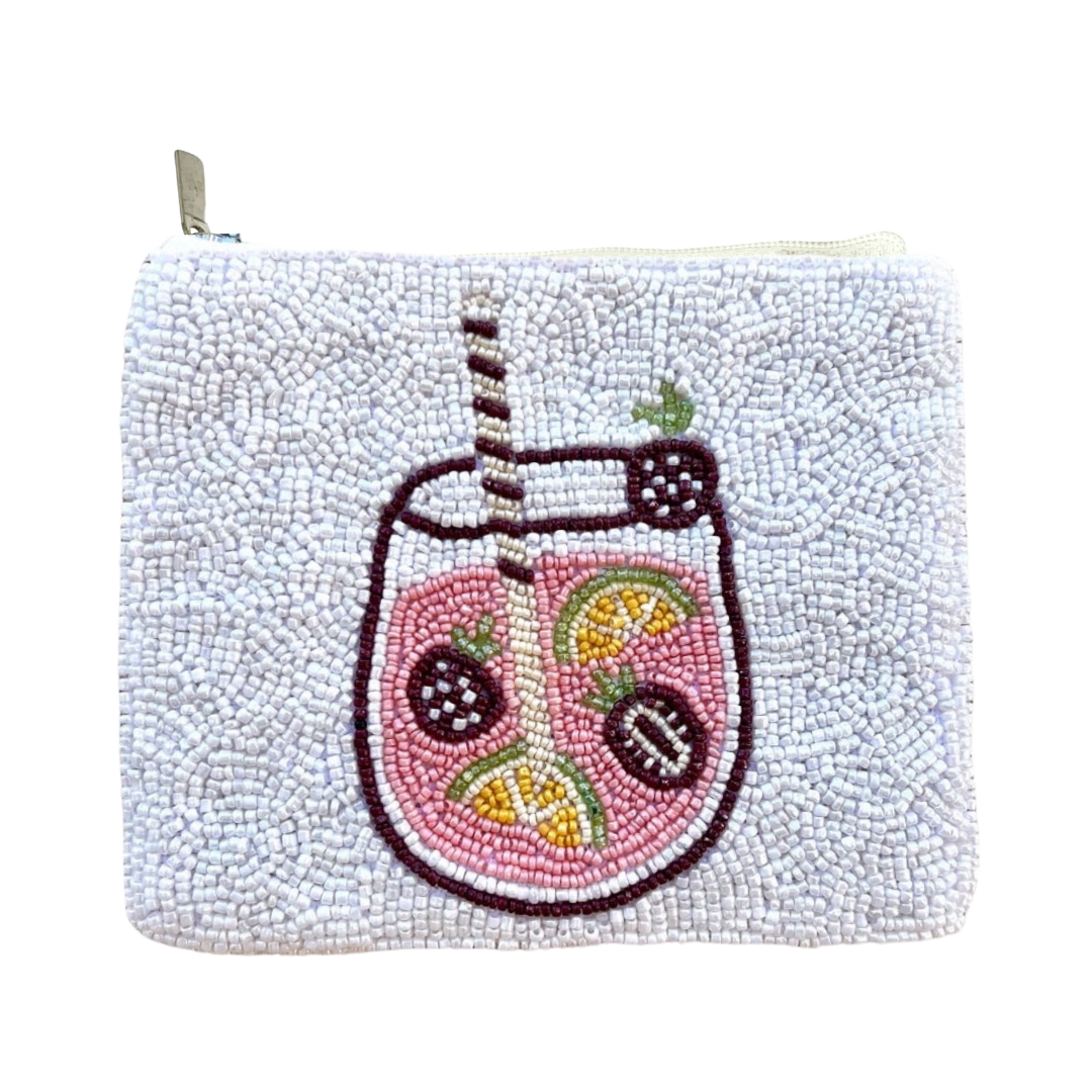 Beaded pouch with a pink drink design on a white background