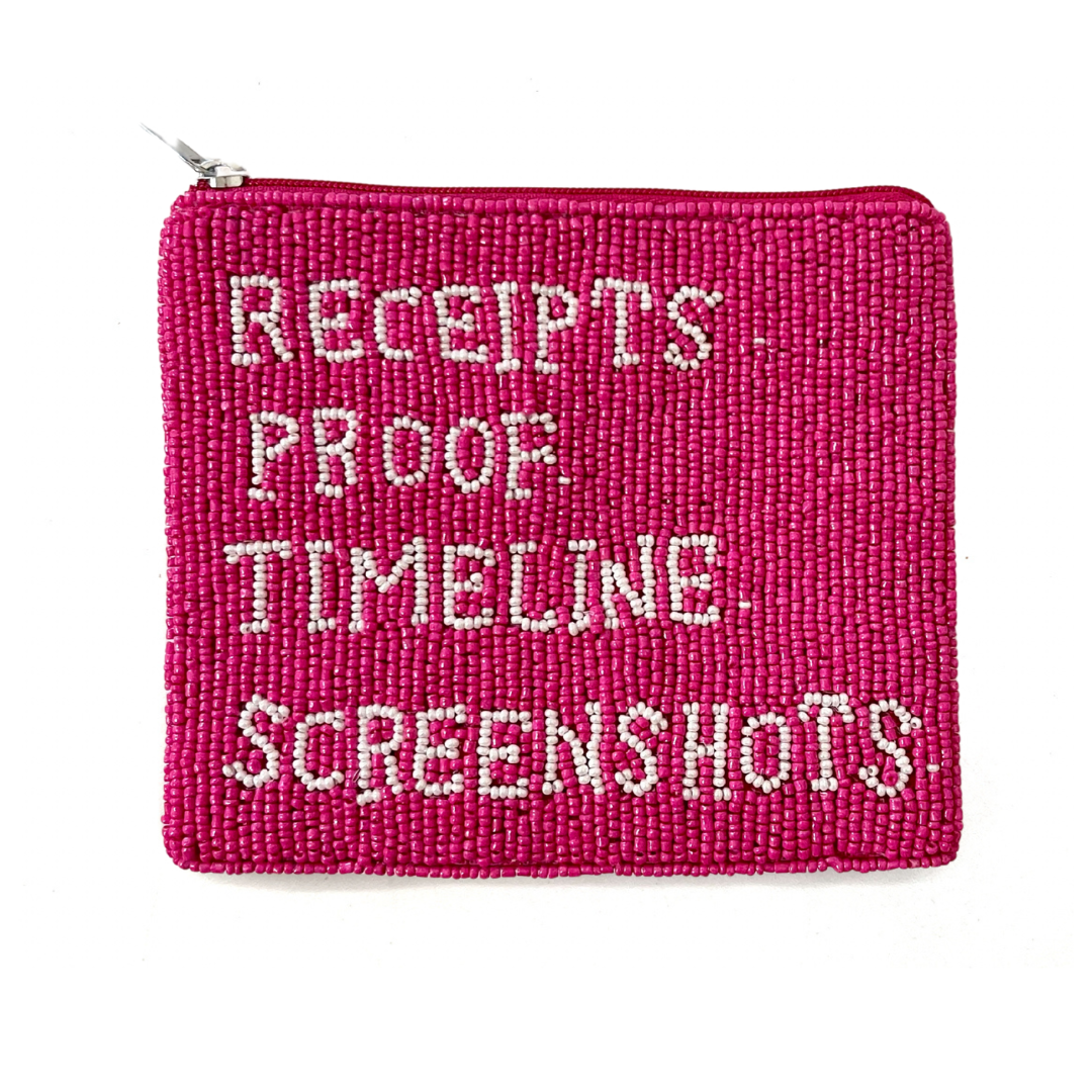 Pink beaded pouch with text on a white background