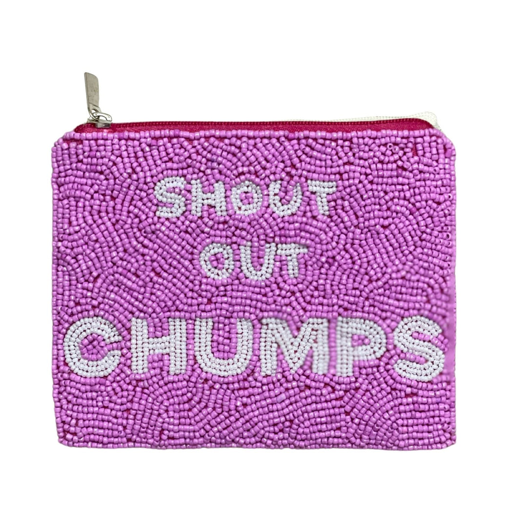 Pink beaded pouch with 'SHOUT OUT CHUMPS' text on a white background