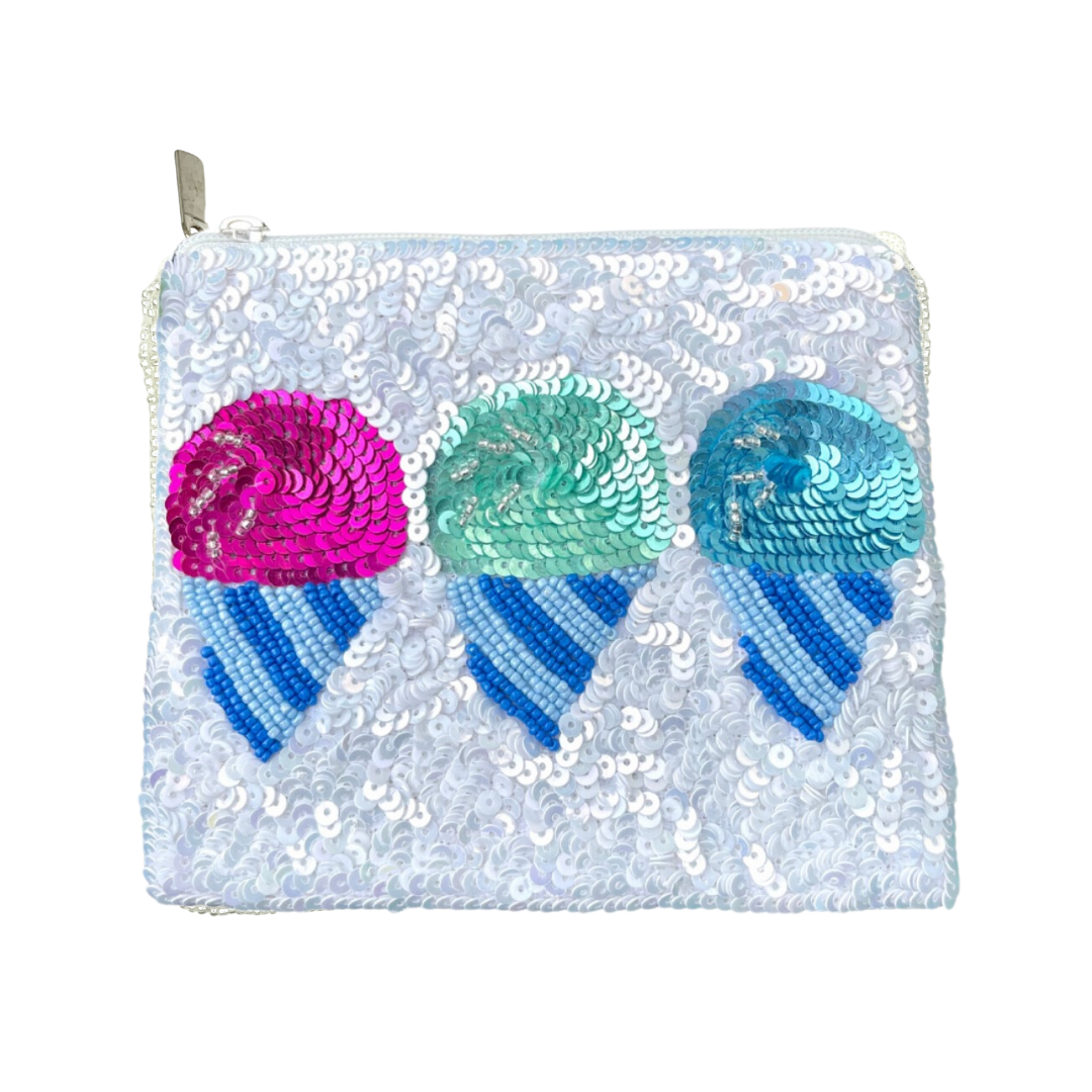 Sequined pouch with colorful jellyfish designs on a white background