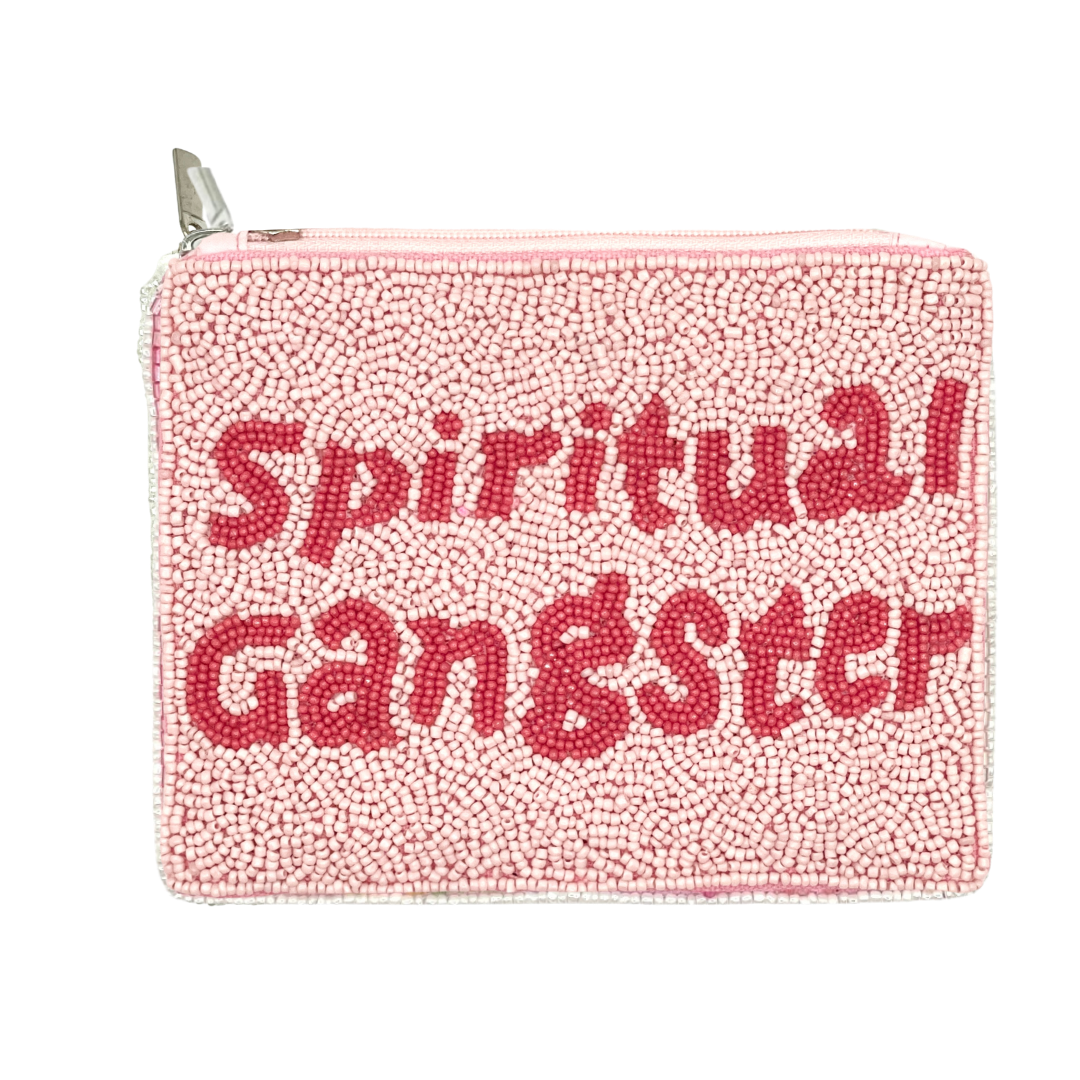 Pink beaded pouch with 'Spiritual Gangster' text on a white background