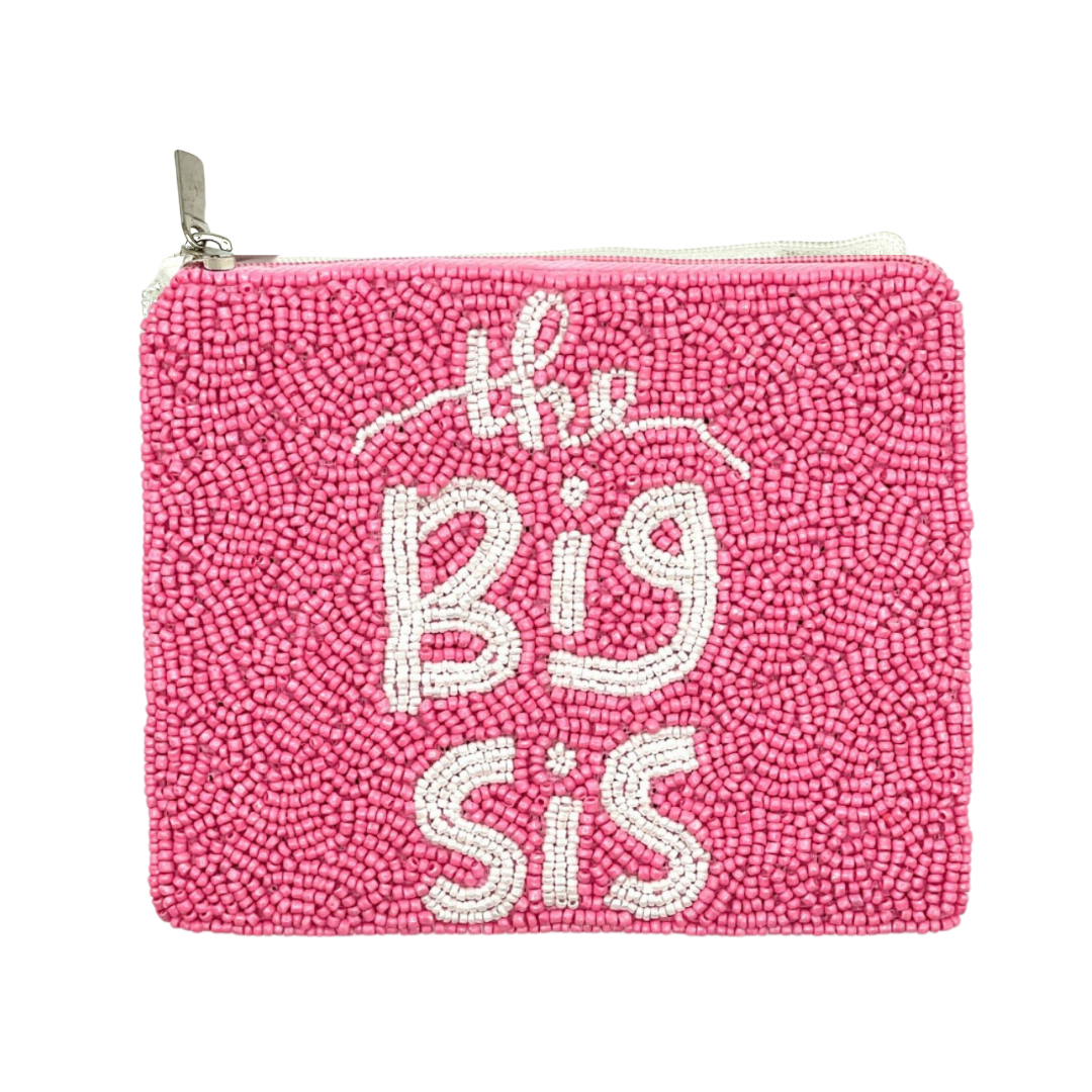 Pink textured pouch with 'the Big Sis' text on a white background