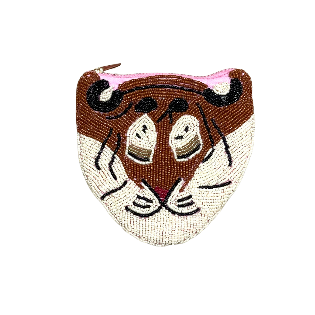 Beaded pouch with owl design on a white background