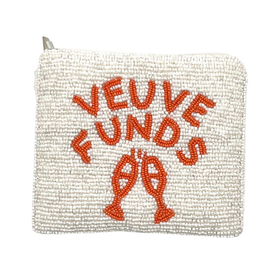 Beaded pouch with 'VEUVE FUNDS' text and fish design on a white background