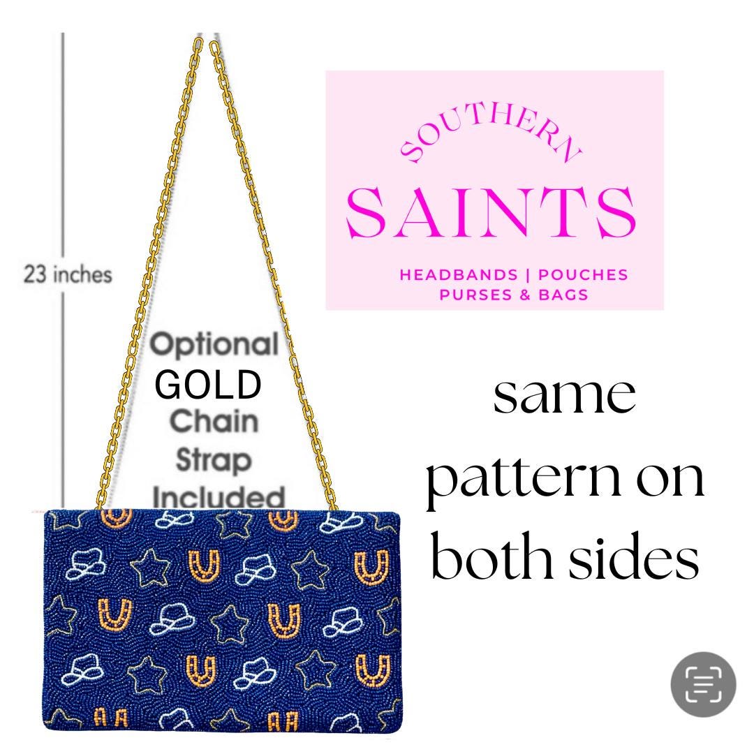 Blue purse with gold chain strap and 'Southern Saints' branding
