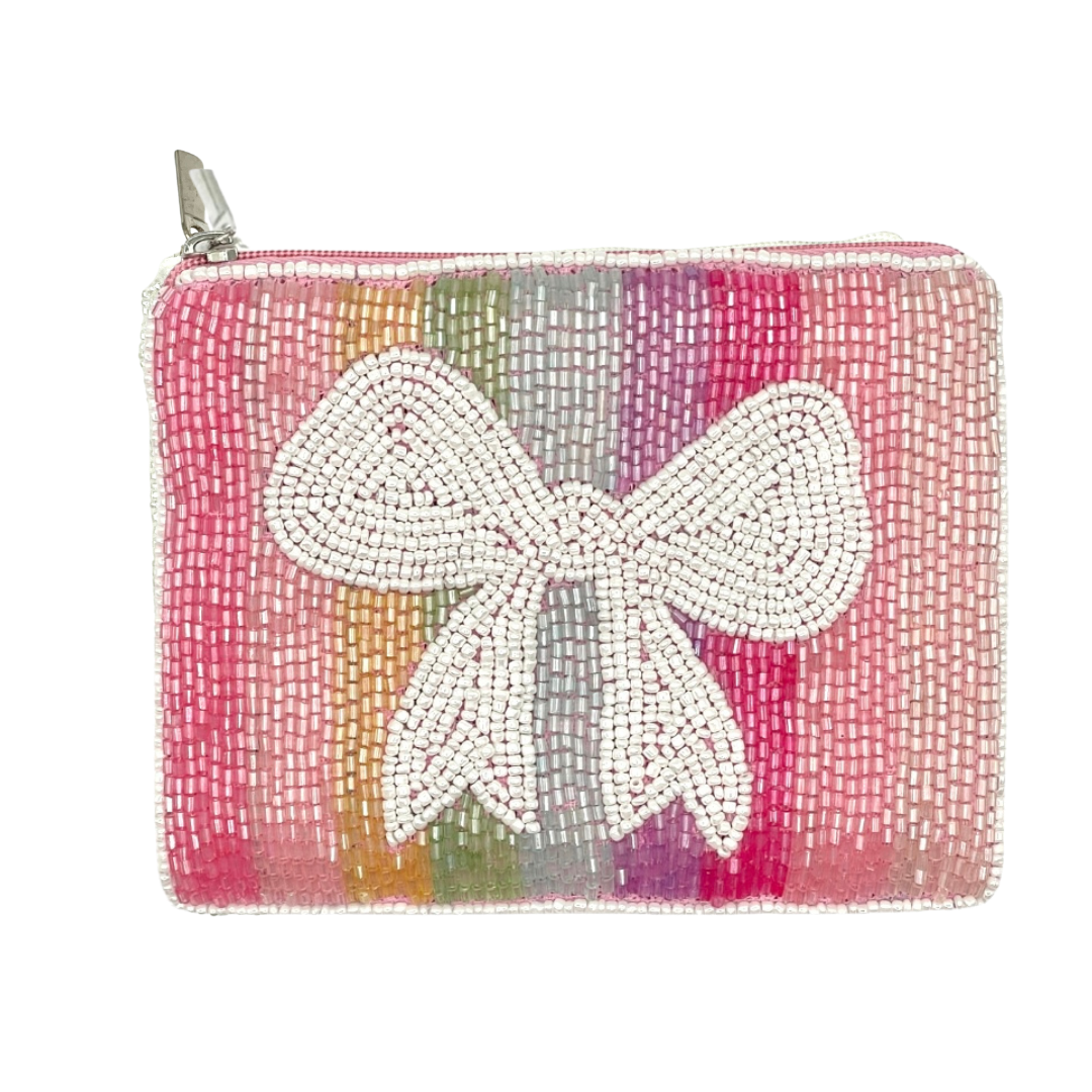 Pouch with a beaded bow design on a white background