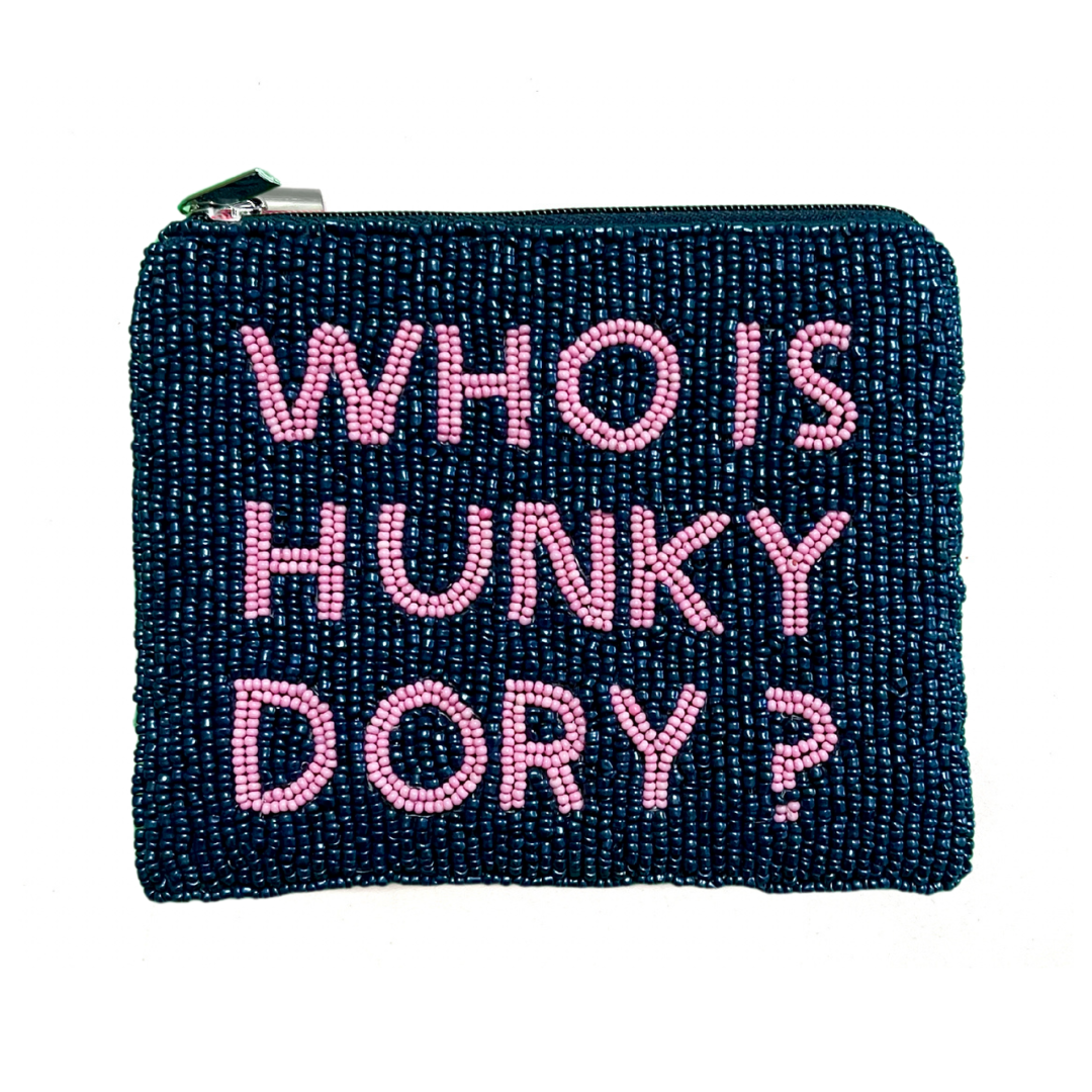 Black beaded pouch with pink text 'WHO IS HUNKY DORY?' on a white background