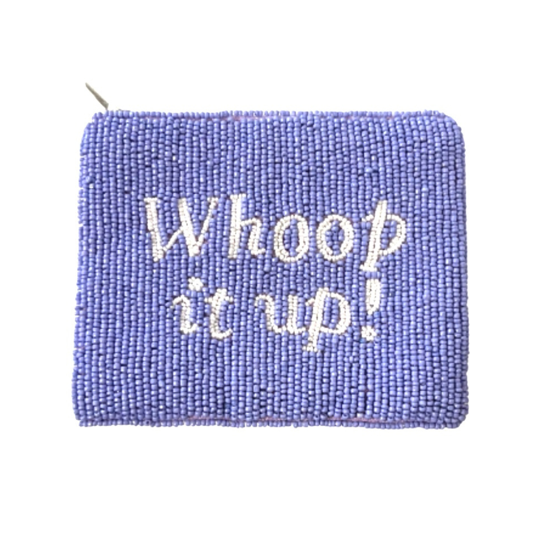 Blue beaded pouch with 'Whoop it up!' text on a white background