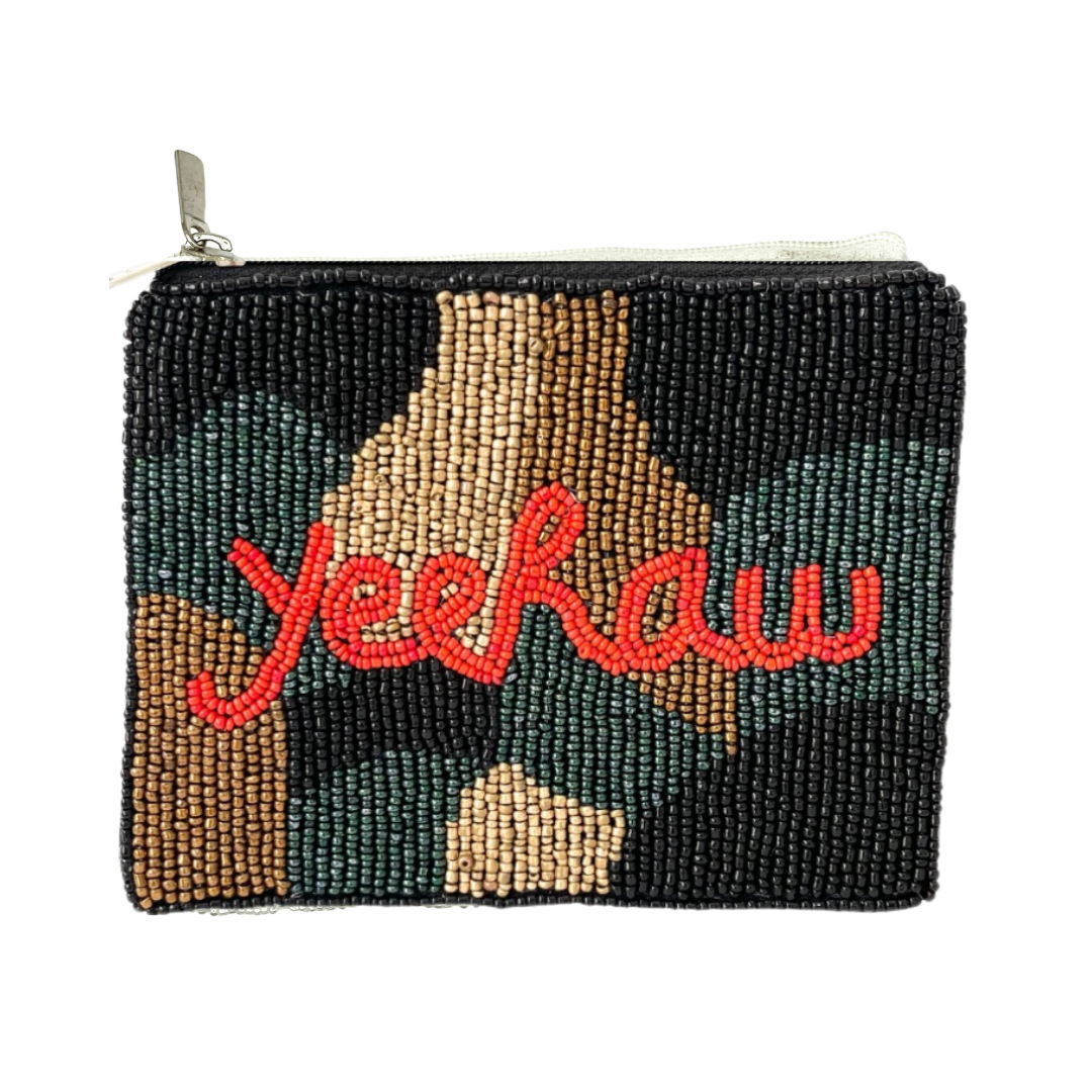 Beaded pouch with 'yeehaw' text on a white background