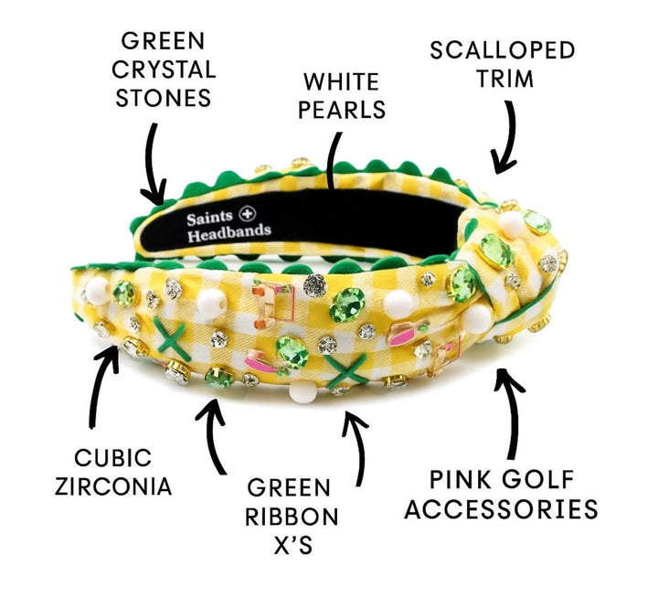 Decorative headband with various embellishments labeled on a white background