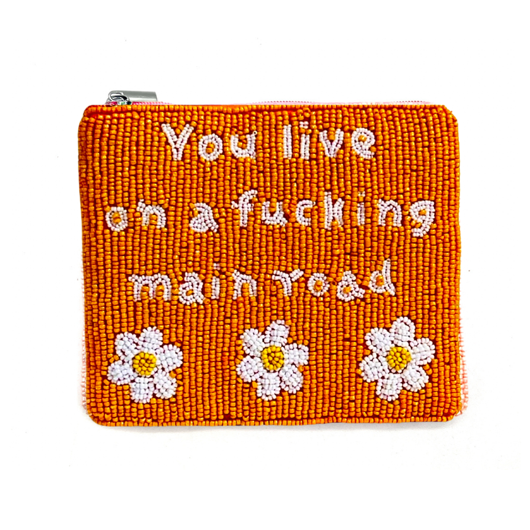 Orange pouch with white text and flowers on a white background
