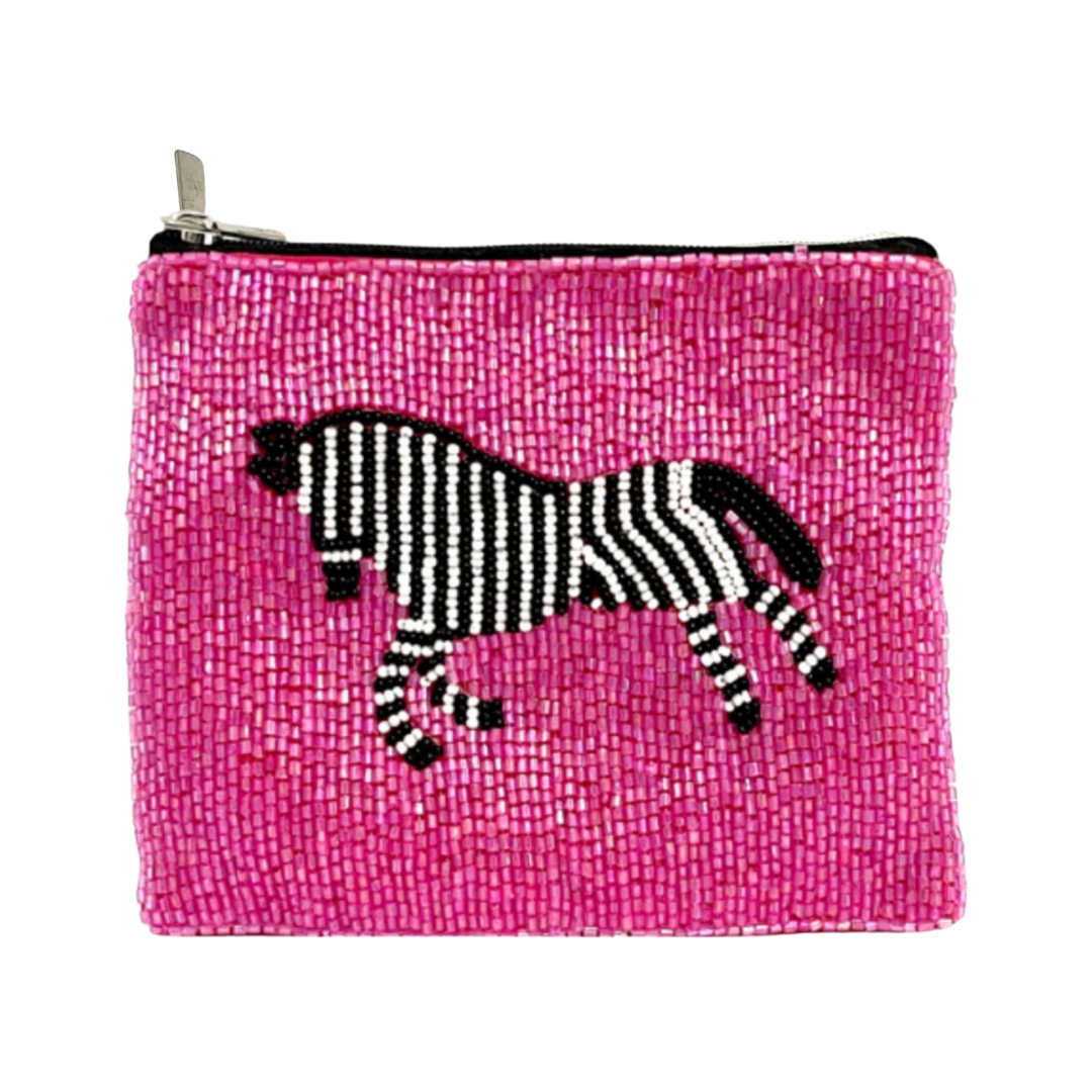 Pink beaded pouch with a zebra design on a white background